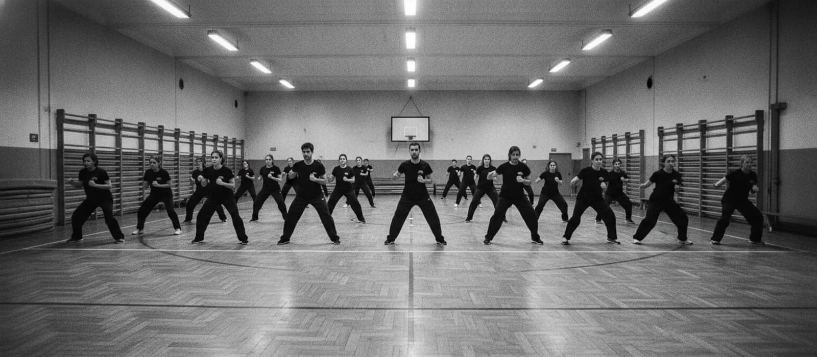 Una classe schierata su due file che ripete la stessa guardia, vista frontalmente