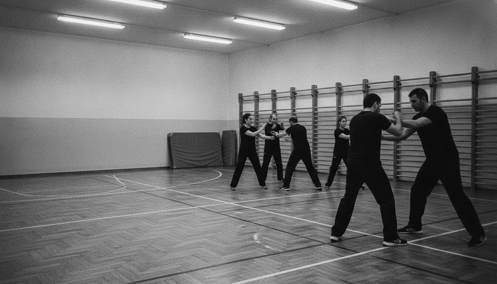 Un gruppo di adulti in maglietta nera durante una lezione di Krav Maga in una palestra comunale, la sera